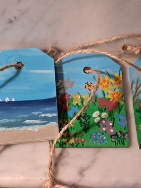 Hand-Painted Floral & Beach Tags Set Of 6.